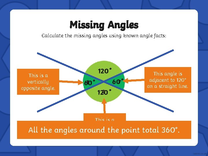 Missing Angles Calculate the missing angles using known angle facts: This is a vertically