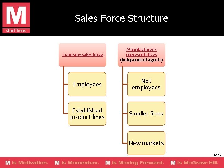 Sales Force Structure Company sales force Manufacturer’s representatives (independent agents) Employees Not employees Established