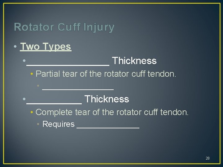 Rotator Cuff Injury • Two Types • ________ Thickness • Partial tear of the