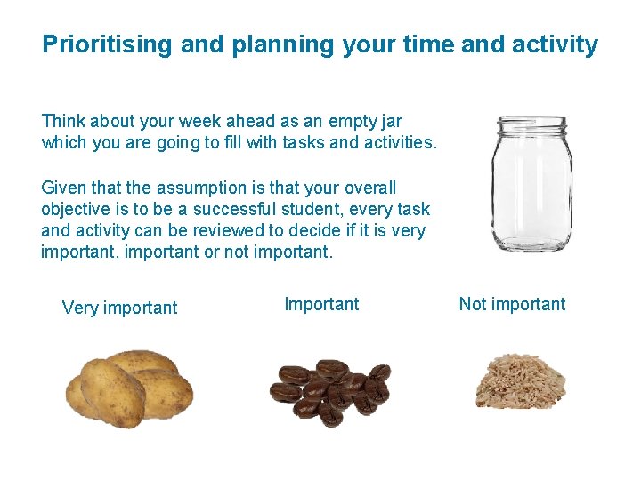 Prioritising and planning your time and activity Think about your week ahead as an