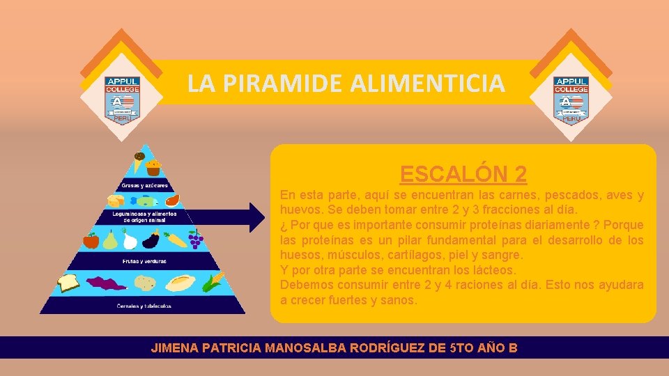 LA PIRAMIDE ALIMENTICIA ESCALÓN 2 En esta parte, aquí se encuentran las carnes, pescados,