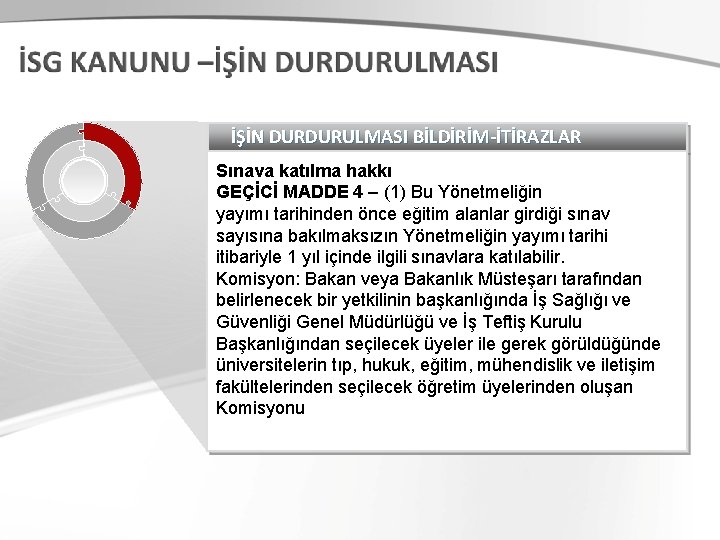 İŞİN DURDURULMASI BİLDİRİM-İTİRAZLAR Sınava katılma hakkı GEÇİCİ MADDE 4 – (1) Bu Yönetmeliğin yayımı