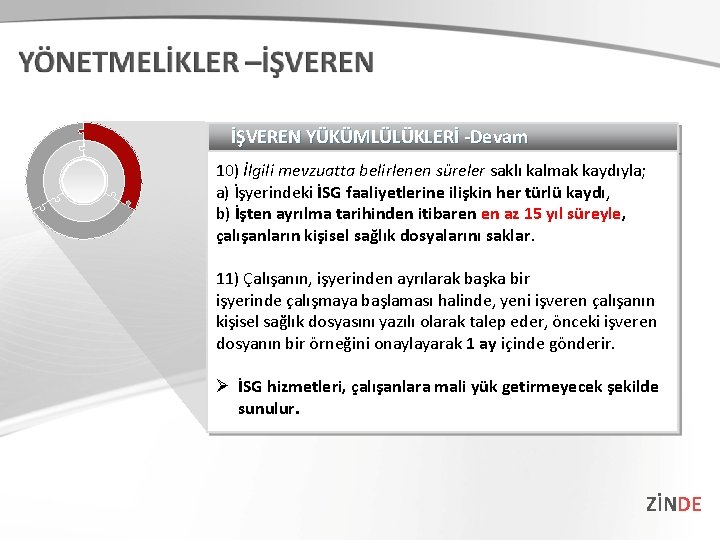 İŞVEREN YÜKÜMLÜLÜKLERİ -Devam 10) İlgili mevzuatta belirlenen süreler saklı kalmak kaydıyla; a) İşyerindeki İSG