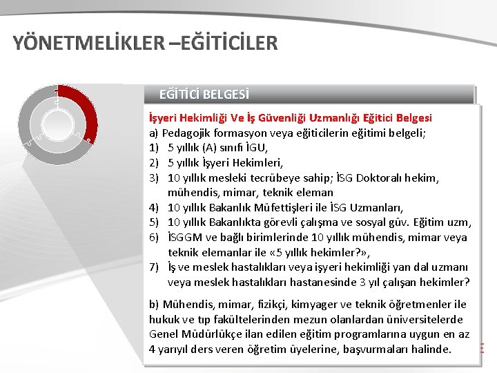 EĞİTİCİ BELGESİ İşyeri Hekimliği Ve İş Güvenliği Uzmanlığı Eğitici Belgesi a) Pedagojik formasyon veya