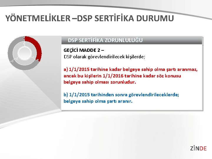DSP SERTİFİKA ZORUNLULUĞU GEÇİCİ MADDE 2 – DSP olarak görevlendirilecek kişilerde; a) 1/1/2015 tarihine