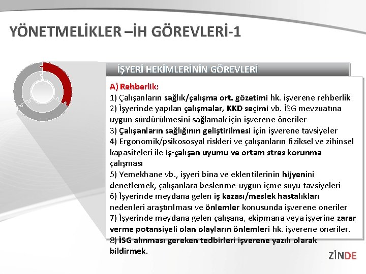 İŞYERİ HEKİMLERİNİN GÖREVLERİ A) Rehberlik: 1) Çalışanların sağlık/çalışma ort. gözetimi hk. işverene rehberlik 2)