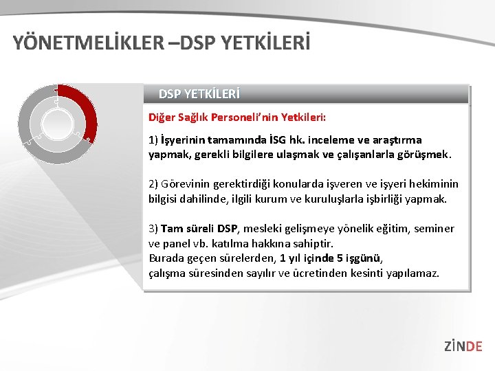 DSP YETKİLERİ Diğer Sağlık Personeli’nin Yetkileri: 1) İşyerinin tamamında İSG hk. inceleme ve araştırma