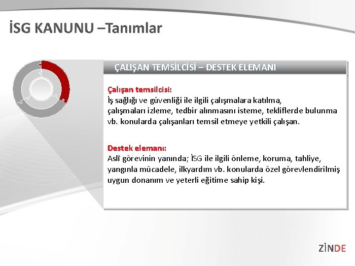 ÇALIŞAN TEMSİLCİSİ – DESTEK ELEMANI Çalışan temsilcisi: İş sağlığı ve güvenliği ile ilgili çalışmalara