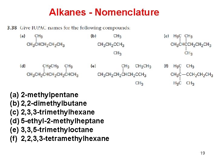 Alkanes - Nomenclature (a) 2 -methylpentane (b) 2, 2 -dimethylbutane (c) 2, 3, 3