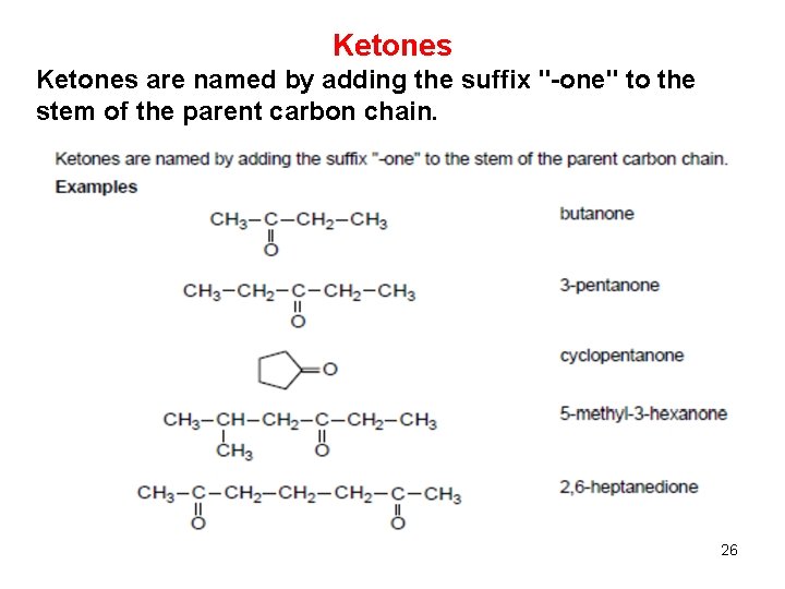 Ketones are named by adding the suffix "-one" to the stem of the parent