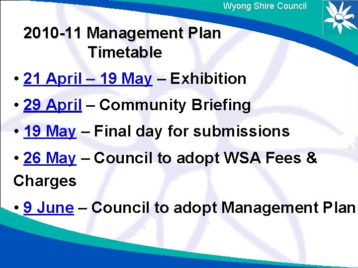 Wyong Shire Council 2010 -11 Management Plan Timetable • 21 April – 19 May