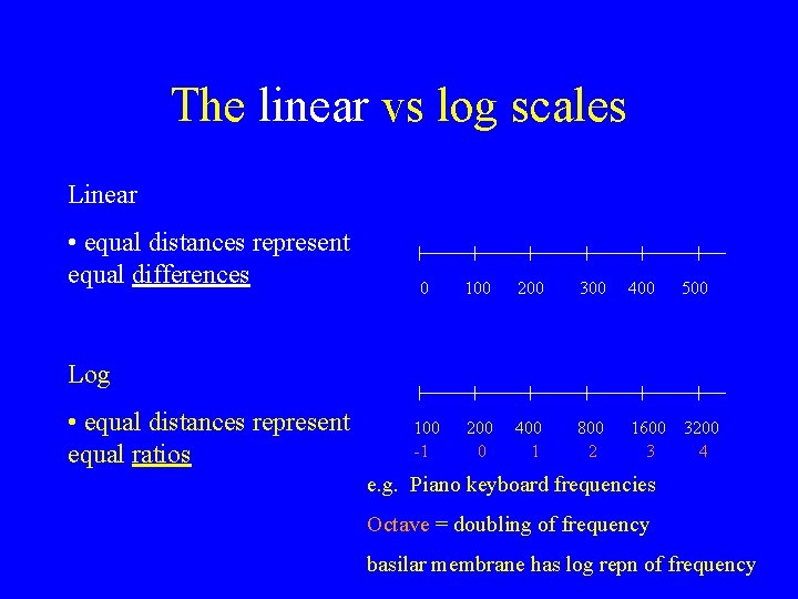 The linear vs log scales Linear • equal distances represent equal differences 0 100