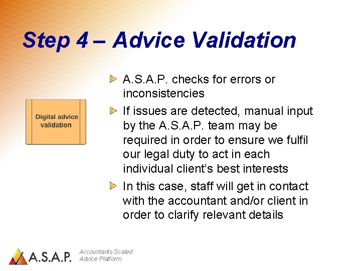 Step 4 – Advice Validation A. S. A. P. checks for errors or inconsistencies