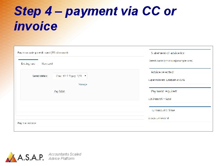 Step 4 – payment via CC or invoice Accountants Scaled Advice Platform 