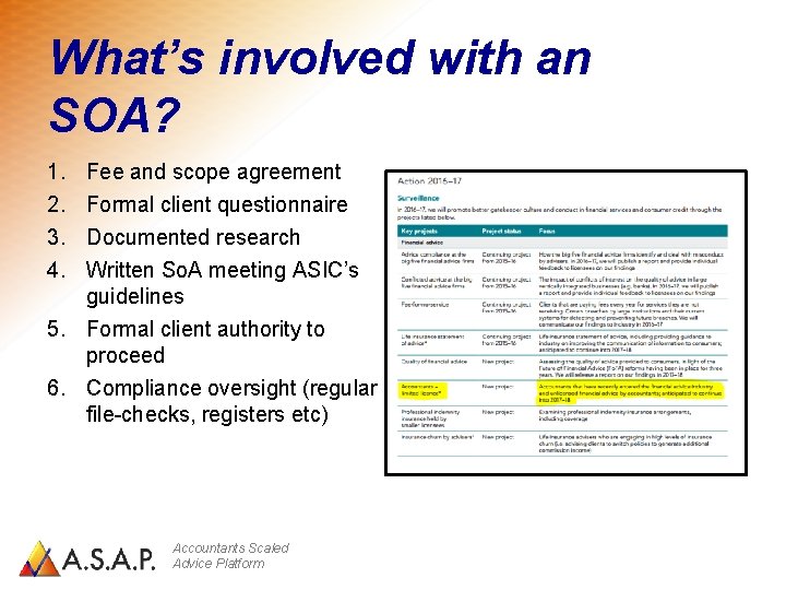 What’s involved with an SOA? 1. 2. 3. 4. Fee and scope agreement Formal