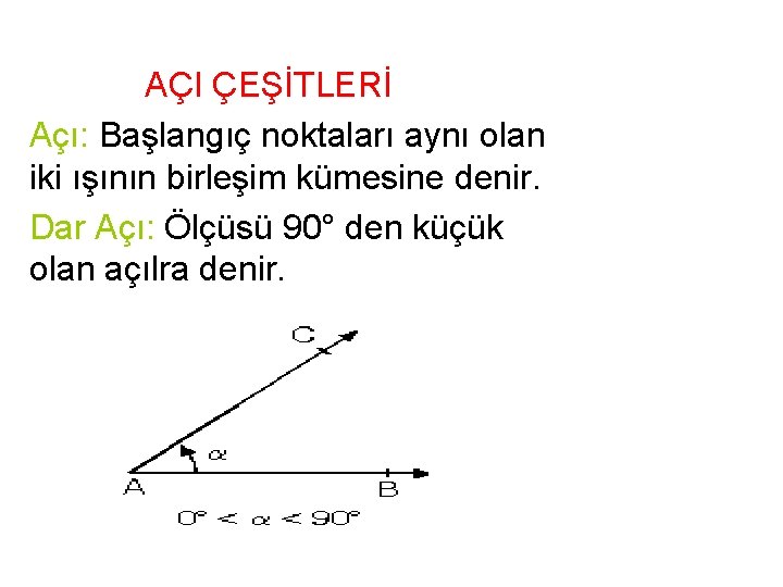 AÇI ÇEŞİTLERİ Açı: Başlangıç noktaları aynı olan iki ışının birleşim kümesine denir. Dar Açı: