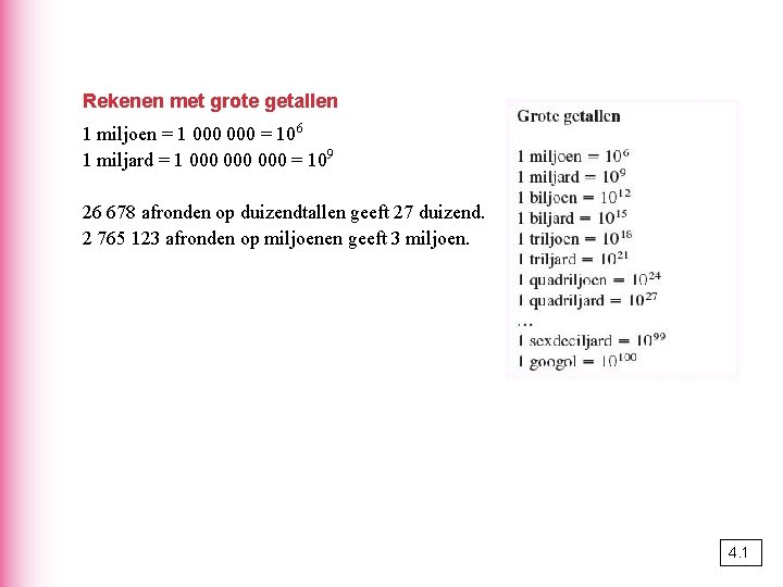 Rekenen met grote getallen 1 miljoen = 1 000 = 106 1 miljard =