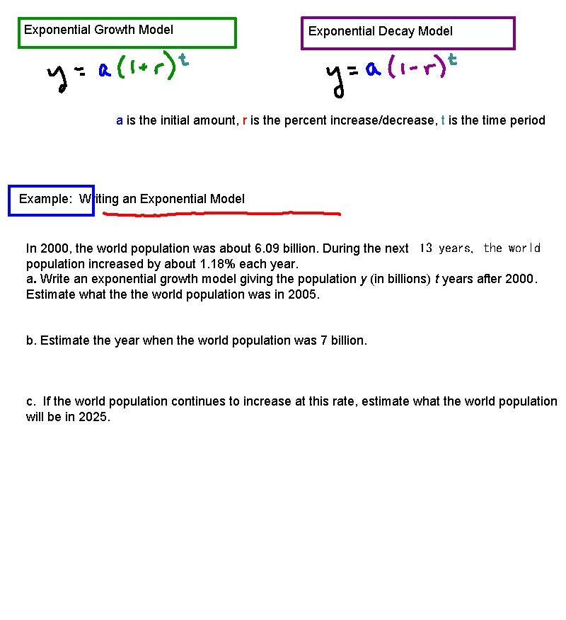 Exponential Growth Model Exponential Decay Model a is the initial amount, r is the