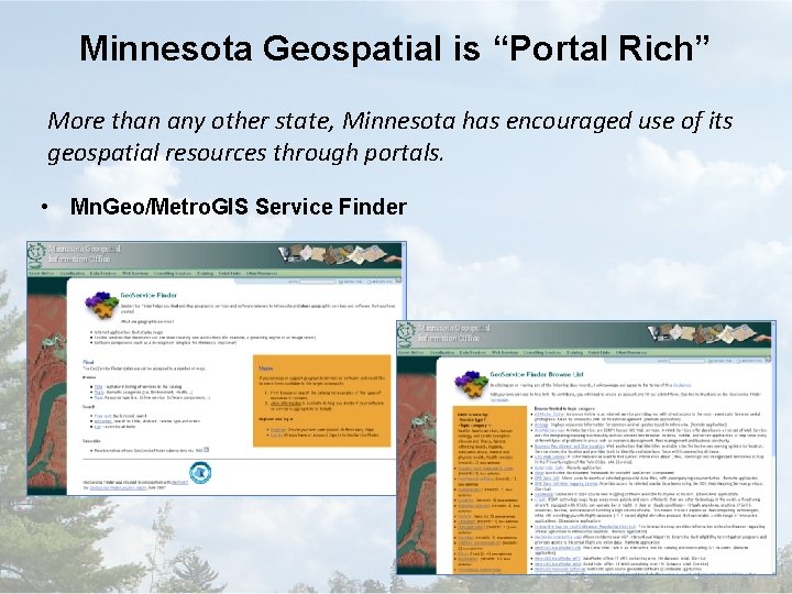 Minnesota Geospatial is “Portal Rich” More than any other state, Minnesota has encouraged use