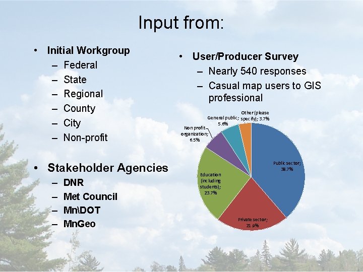 Input from: • Initial Workgroup – Federal – State – Regional – County –