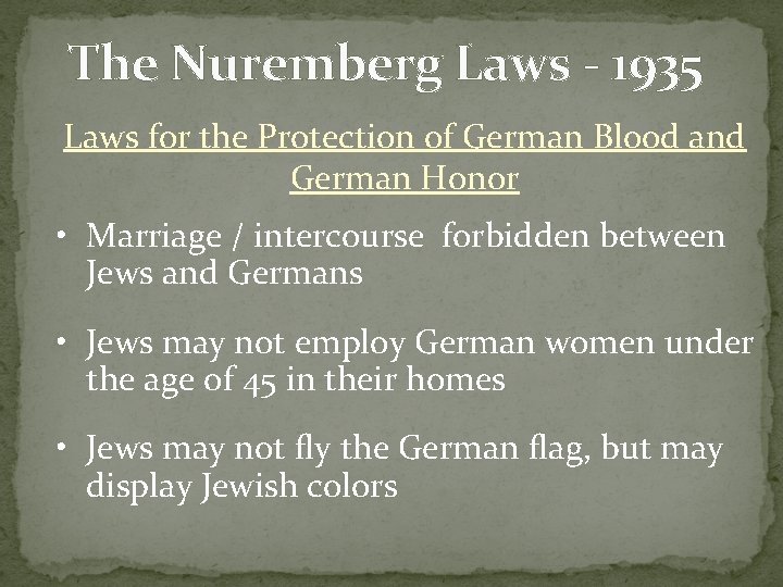 The Nuremberg Laws - 1935 Laws for the Protection of German Blood and German The Nuremberg Laws - 1935 Laws for the Protection of German Blood and German