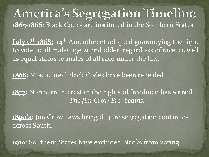 America’s Segregation Timeline 1865 -1866: Black Codes are instituted in the Southern States. July America’s Segregation Timeline 1865 -1866: Black Codes are instituted in the Southern States. July