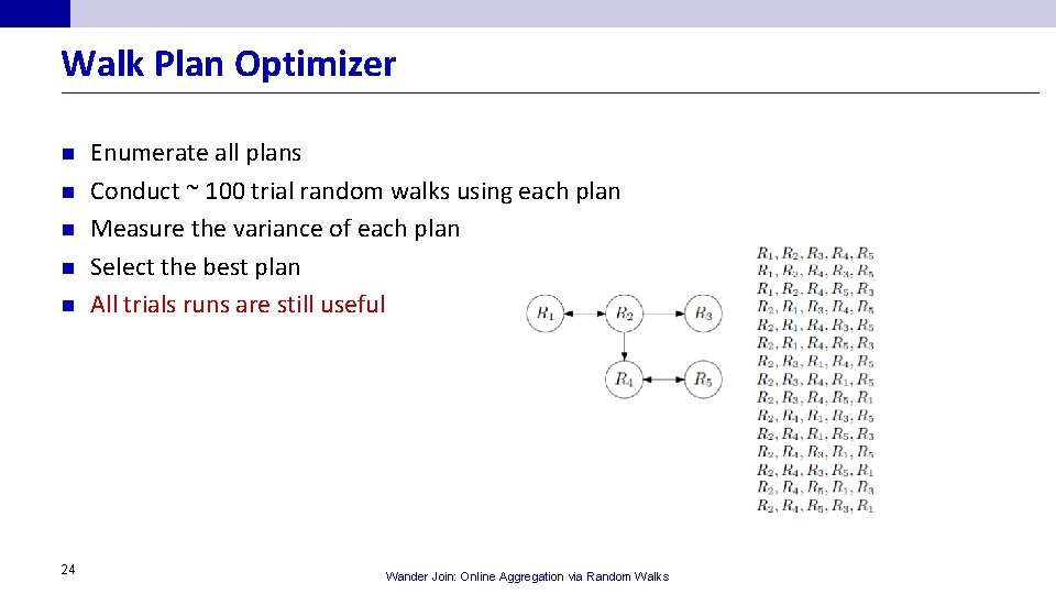 Walk Plan Optimizer n n n 24 Enumerate all plans Conduct ~ 100 trial