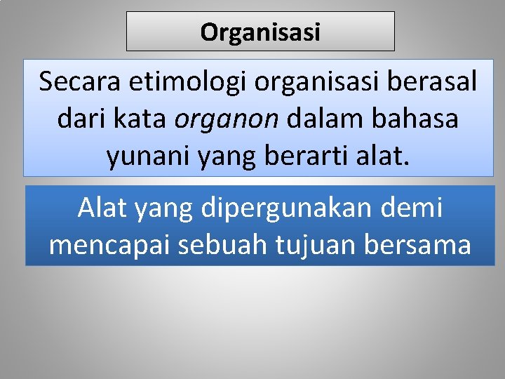 Organisasi Secara etimologi organisasi berasal dari kata organon dalam bahasa yunani yang berarti alat.