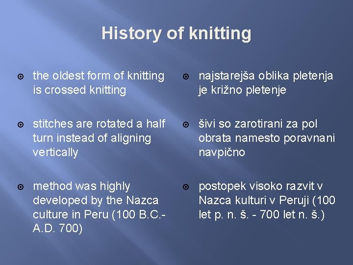 History of knitting the oldest form of knitting is crossed knitting najstarejša oblika pletenja