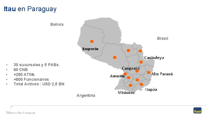 Itau en Paraguay Bolivia Brasil Boquerón Canindeyu • • • 30 sucursales y 5