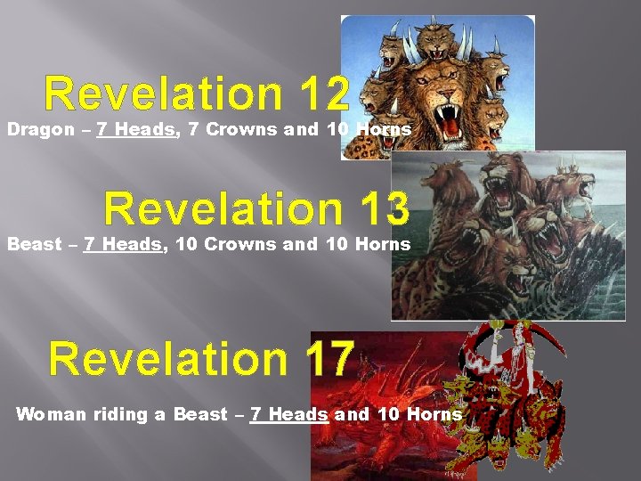 Revelation 12 Dragon – 7 Heads, 7 Crowns and 10 Horns Revelation 13 Beast