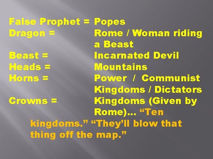 False Prophet = Popes Dragon = Rome / Woman riding a Beast = Incarnated