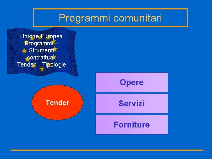 Programmi comunitari Unione Europea Programmi – Strumenti contrattuali Tender – Tipologie Opere Tender Servizi