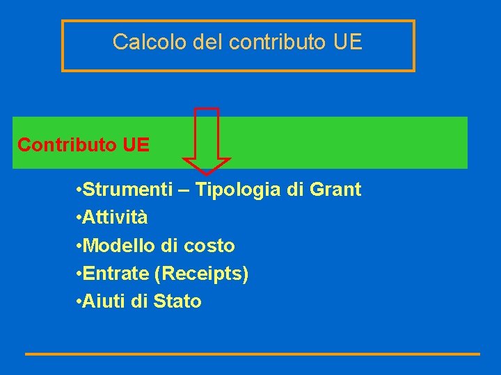 Calcolo del contributo UE Contributo UE • Strumenti – Tipologia di Grant • Attività