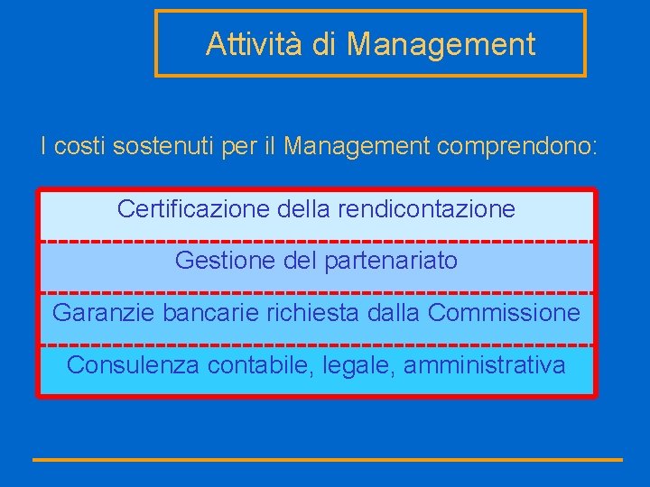 Attività di Management I costi sostenuti per il Management comprendono: Certificazione della rendicontazione Gestione