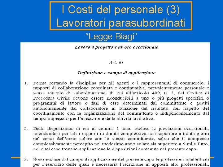 I Costi del personale (3) Lavoratori parasubordinati “Legge Biagi” 