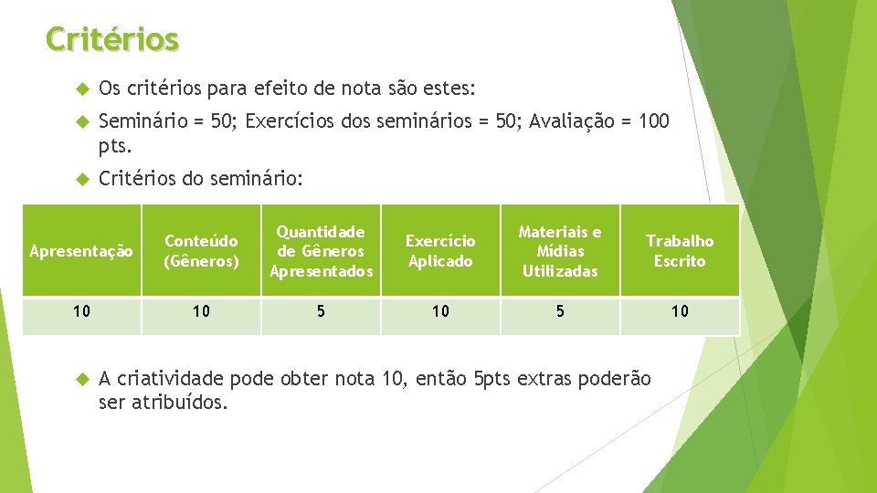 Critérios Os critérios para efeito de nota são estes: Seminário = 50; Exercícios dos