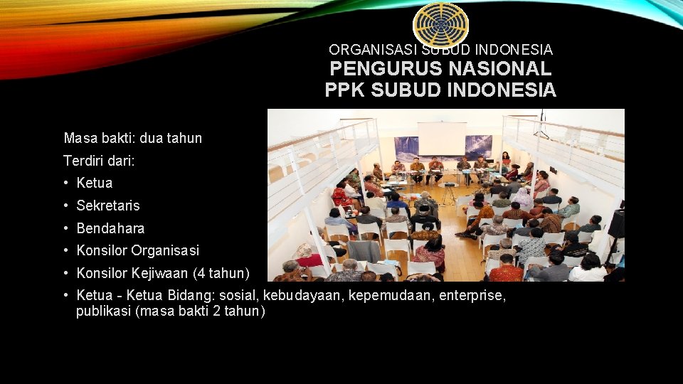 ORGANISASI SUBUD INDONESIA PENGURUS NASIONAL PPK SUBUD INDONESIA Masa bakti: dua tahun Terdiri dari: