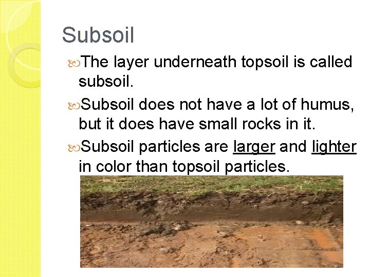 Subsoil The layer underneath topsoil is called subsoil. Subsoil does not have a lot
