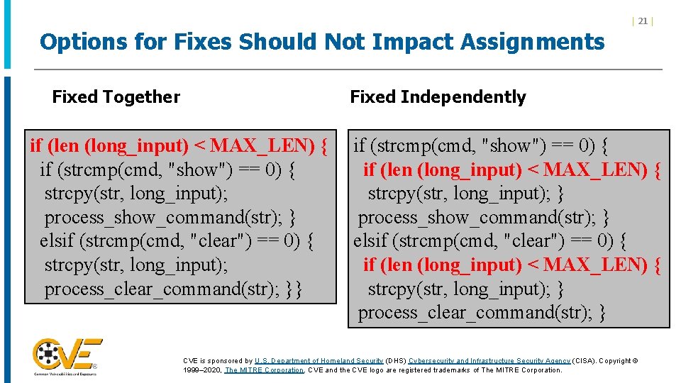 Options for Fixes Should Not Impact Assignments Fixed Together | 21 | Fixed Independently Options for Fixes Should Not Impact Assignments Fixed Together | 21 | Fixed Independently