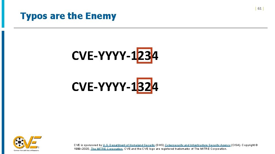 Typos are the Enemy | 61 | CVE-YYYY-1234 CVE-YYYY-1324 CVE is sponsored by U. Typos are the Enemy | 61 | CVE-YYYY-1234 CVE-YYYY-1324 CVE is sponsored by U.