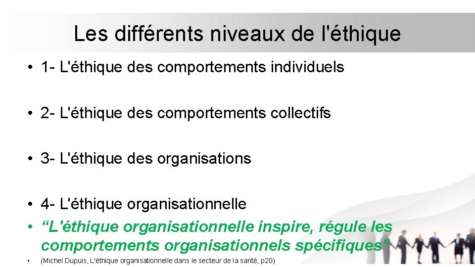 Les différents niveaux de l'éthique • 1 - L'éthique des comportements individuels • 2