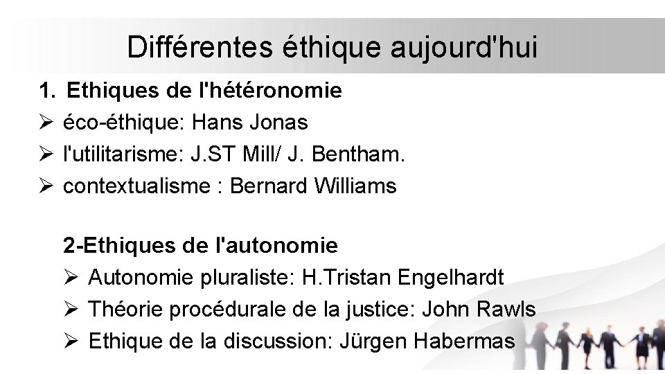 Différentes éthique aujourd'hui 1. Ethiques de l'hétéronomie Ø éco-éthique: Hans Jonas Ø l'utilitarisme: J.