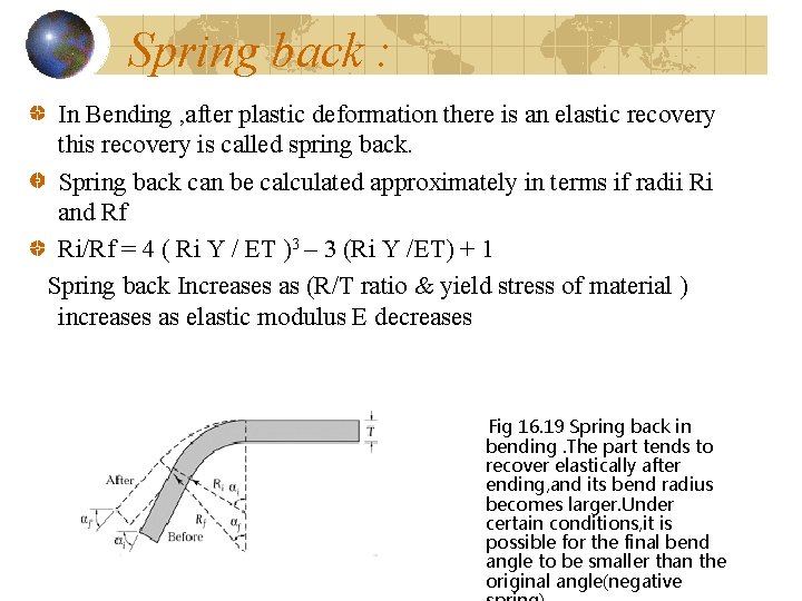 Spring back : In Bending , after plastic deformation there is an elastic recovery Spring back : In Bending , after plastic deformation there is an elastic recovery