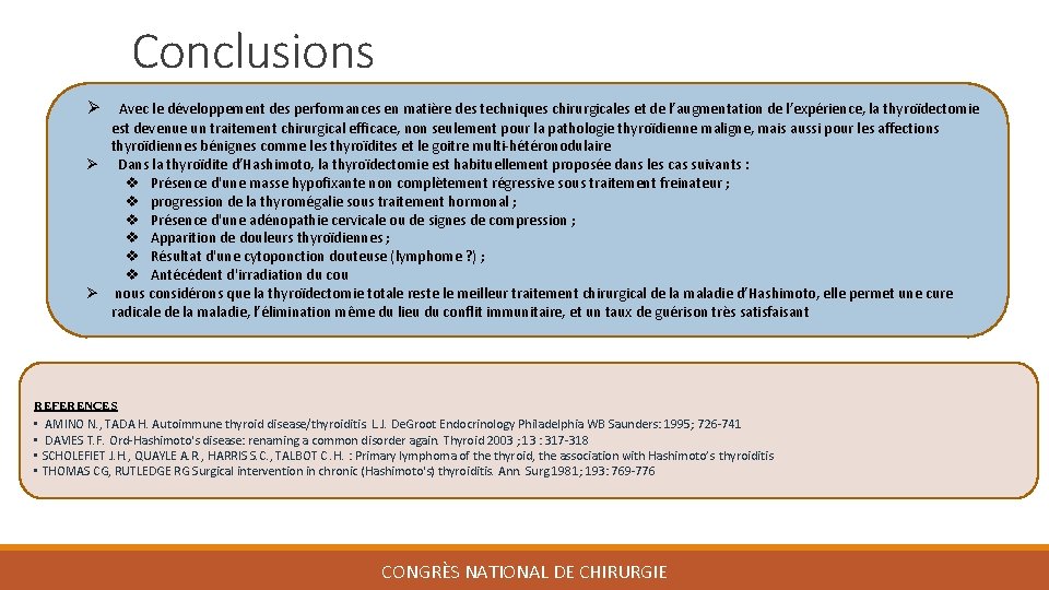 Conclusions Ø Avec le développement des performances en matière des techniques chirurgicales et de