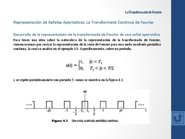 La Transformada de Fourier Representación de Señales Aperiódicas: La Transformada Continua de Fourier Desarrollo La Transformada de Fourier Representación de Señales Aperiódicas: La Transformada Continua de Fourier Desarrollo