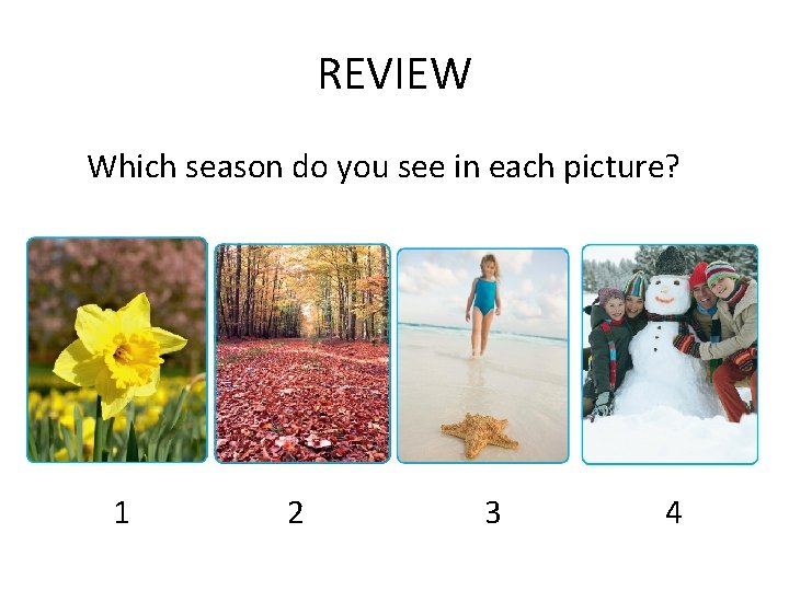 REVIEW Which season do you see in each picture? 1 2 3 4 