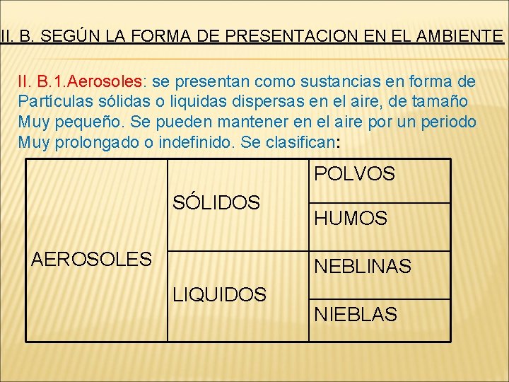 II. B. SEGÚN LA FORMA DE PRESENTACION EN EL AMBIENTE II. B. 1. Aerosoles: