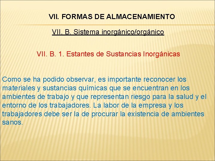 VII. FORMAS DE ALMACENAMIENTO VII. B. Sistema inorgánico/orgánico VII. B. 1. Estantes de Sustancias