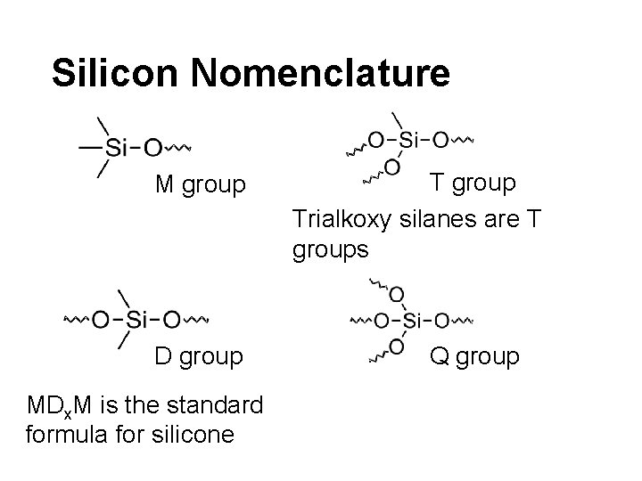 Silicon Nomenclature M group D group MDx. M is the standard formula for silicone